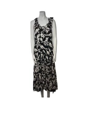 Lido cotton midi dress. Black white birds feathers tiered skirt OS ruffle sleeve